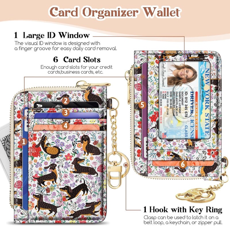 GIANCOMICS Slim Wallet Credit Card Holder Women, Dachshund Rfid Blocking Small Card Case, Keychain Thin Pocket Curved Zipper Wallet, Travel Card Holder PU Leather ID Window, Ladies Female Gifts - Image 4